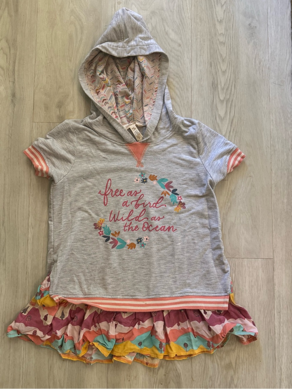 Matilda Jane Girls Heather Gray Hoodie Dress with Coral and Multi Color Accents